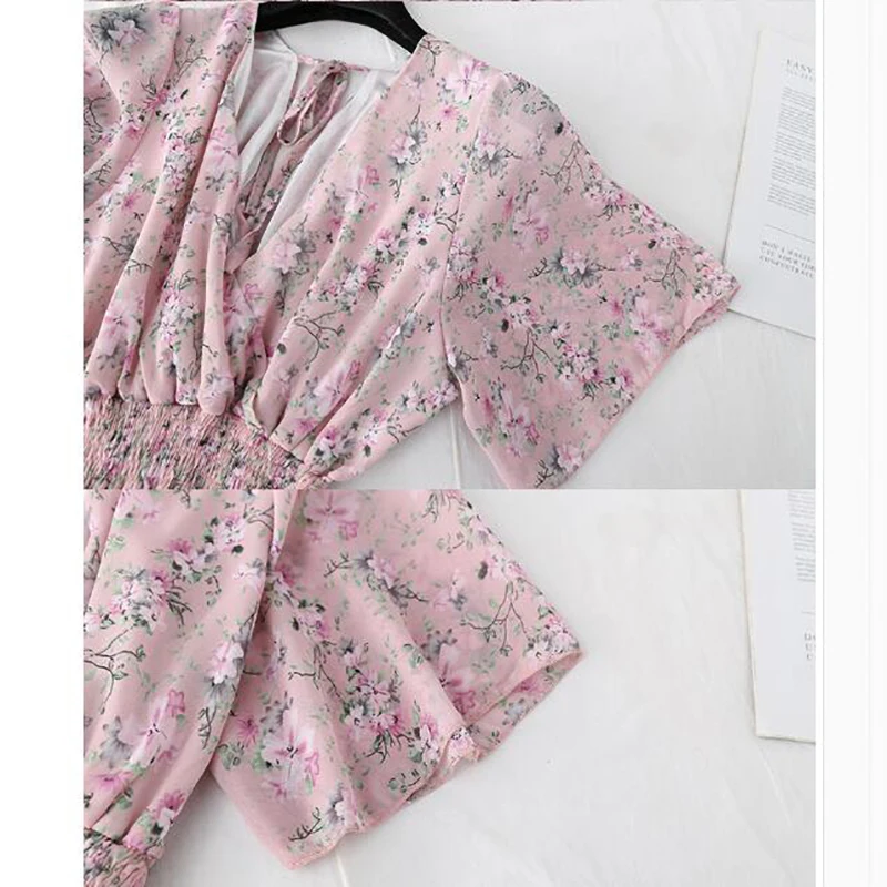

2020 New Floral Women Dress bohemian Sexy V-neck A-Line Short sleeves Chiffon Dresses summer Vintage beach Print Long Dress