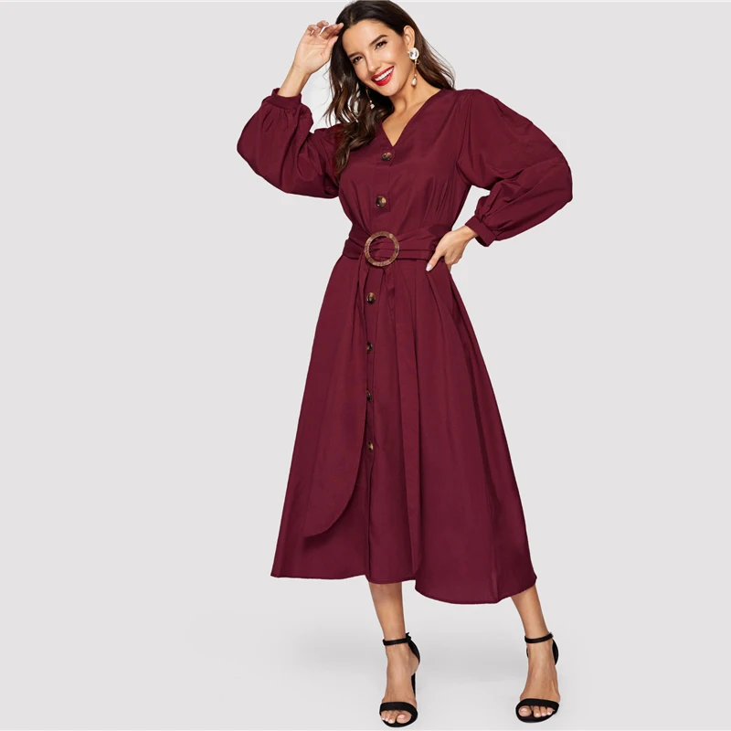 SHEIN Платье На Пуговицах С Поясом Элегантное Платье С V-Образным Вырезом Для Женщин