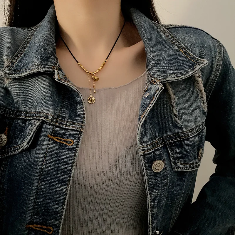 

Golden Gourd Chinese Character Blessing Necklace Women Female Chic Clavicle Chain Good Titanium Steel Jewelry Accessories