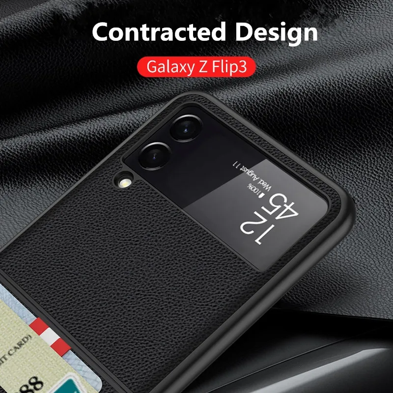 new with card pocket leather phone case for samsung galaxy flip3 5g cover flip case anti fingerprint protective shockproof shell free global shipping