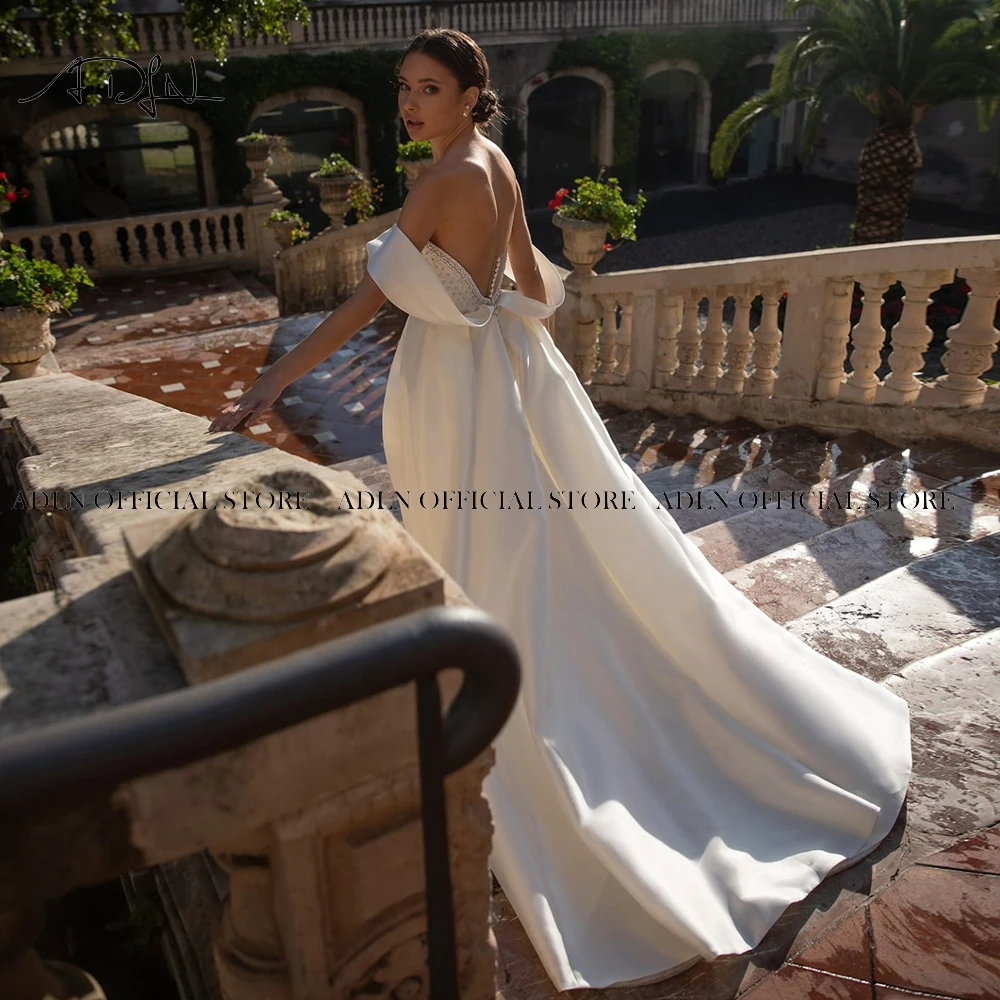 

ADLN Sexy Front Slit Satin Wedding Dress Custom made Sweetheart Beaded Sweep Train A Line Bridal Wedding Gown Plus Size