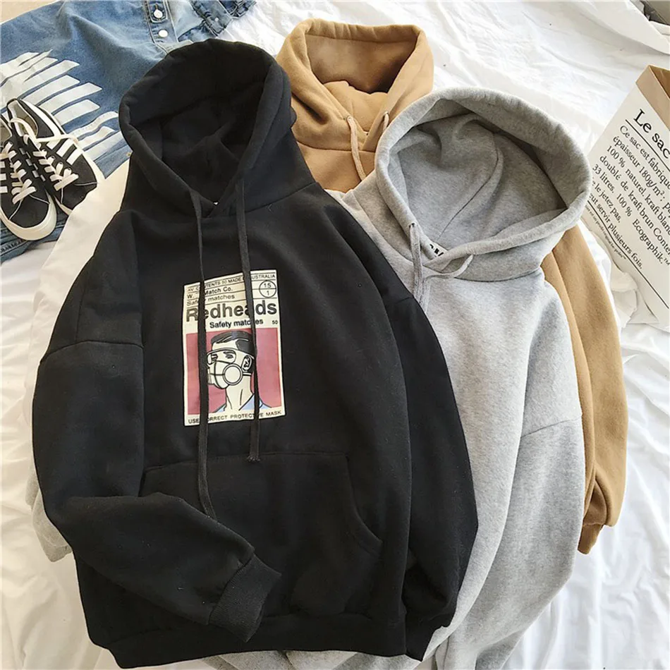 Женский осенне-зимний Hoddie свободная с печатью Hoddies Фиолетовый Тонкий пуловер Толстовка для девочек черный серый капюшон