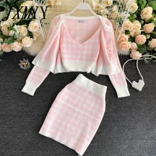 Korean Sweet Knit Plaid Cardigans + Camisole + Skirts 3pcs Sets Girls Short Sweater Coat + Vest + Mini Skirt Suits Women Outfits