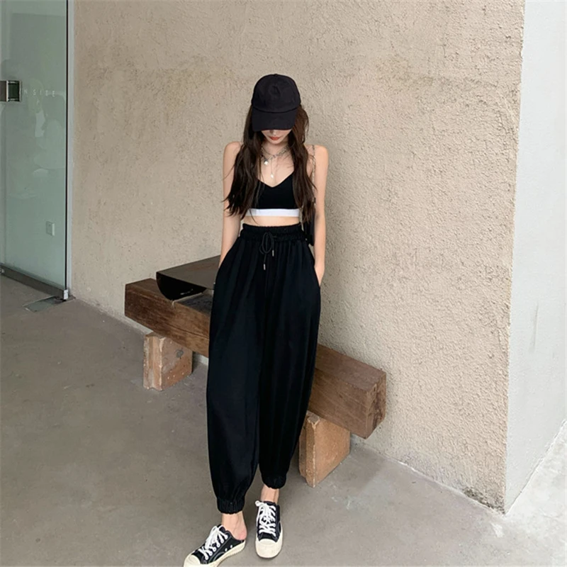 

2021 Spring Summer Korean Style Fashion Harem Pants Suit Two Piece Women Set Tracksuit Clothes Sexy Crop Top Pantsuits Female