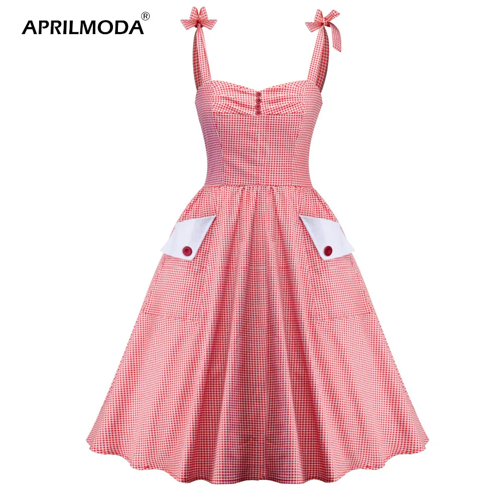 Женское винтажное платье ретро в клетку красное Хлопковое на тонких бретельках