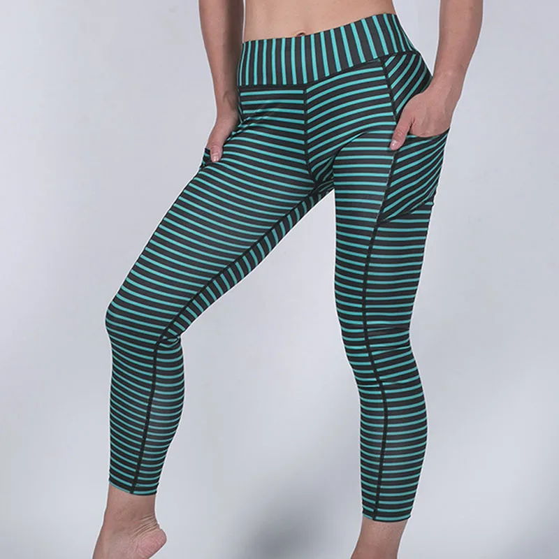 

Women Yoga Pants Sports High Waist Leggings Stripes Stitching Comfortable and Flexible for Fitness Training TC21