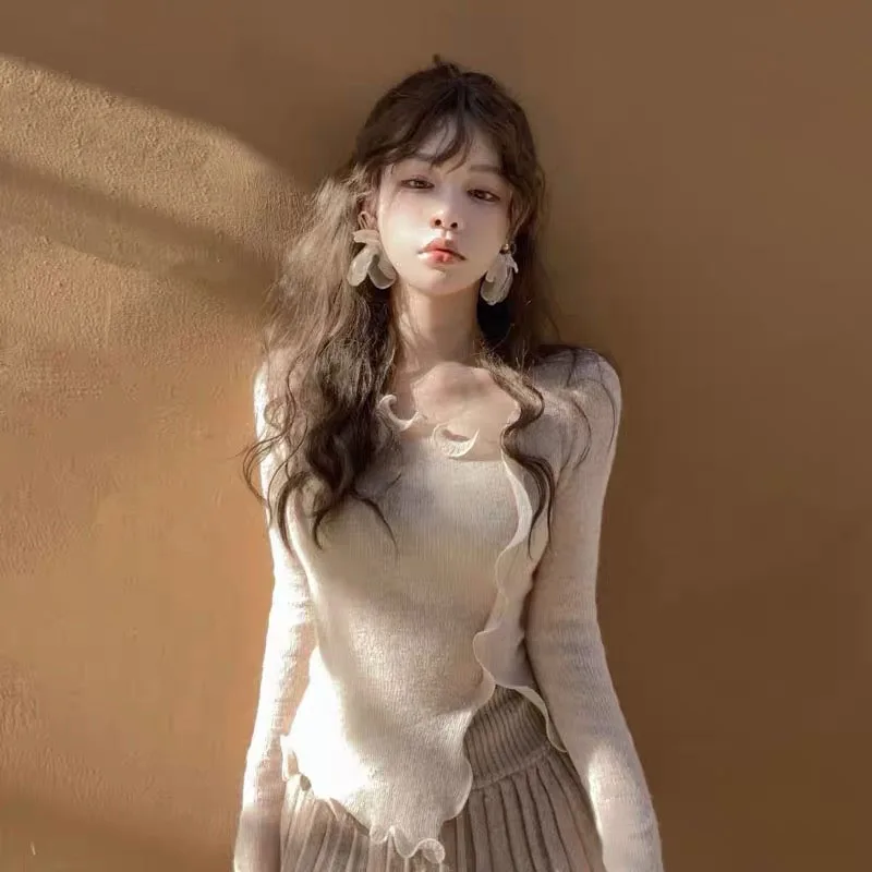 Мохеровый свитер Женская облегающая пикантная вязаная рубашка пуловеры осень 2021