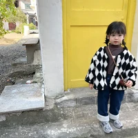 korean childrens clothing 2021 winter boys and girls black and white rhombic lamb wool coat baby plus fleece coat