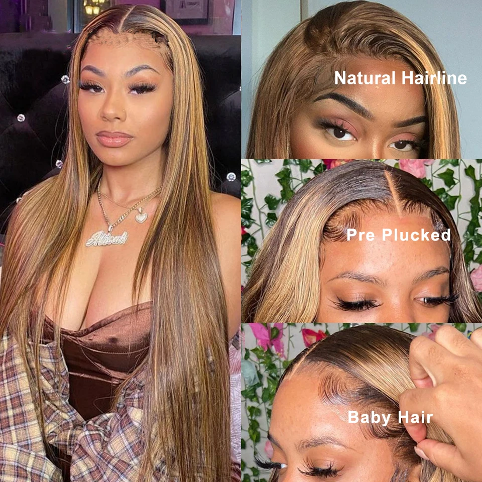 13x4 Highlight Wig Lace Frontal Human Hair Wigs Honey Blonde Brazilian Straight 4x4 HD Closure Remy For Women | Шиньоны и парики