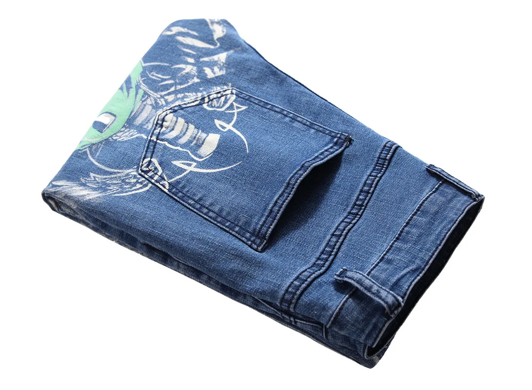Skinny Jeans Men Straight Slim Fit Hip Hop Jean 3D Colored Printed Skull Designer Denim Jeans Pants Male Casual Trousers