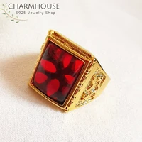 charmhouse wedding rings for men pure yellow gold color gp big square finger ring with red stone high quality engagement anel