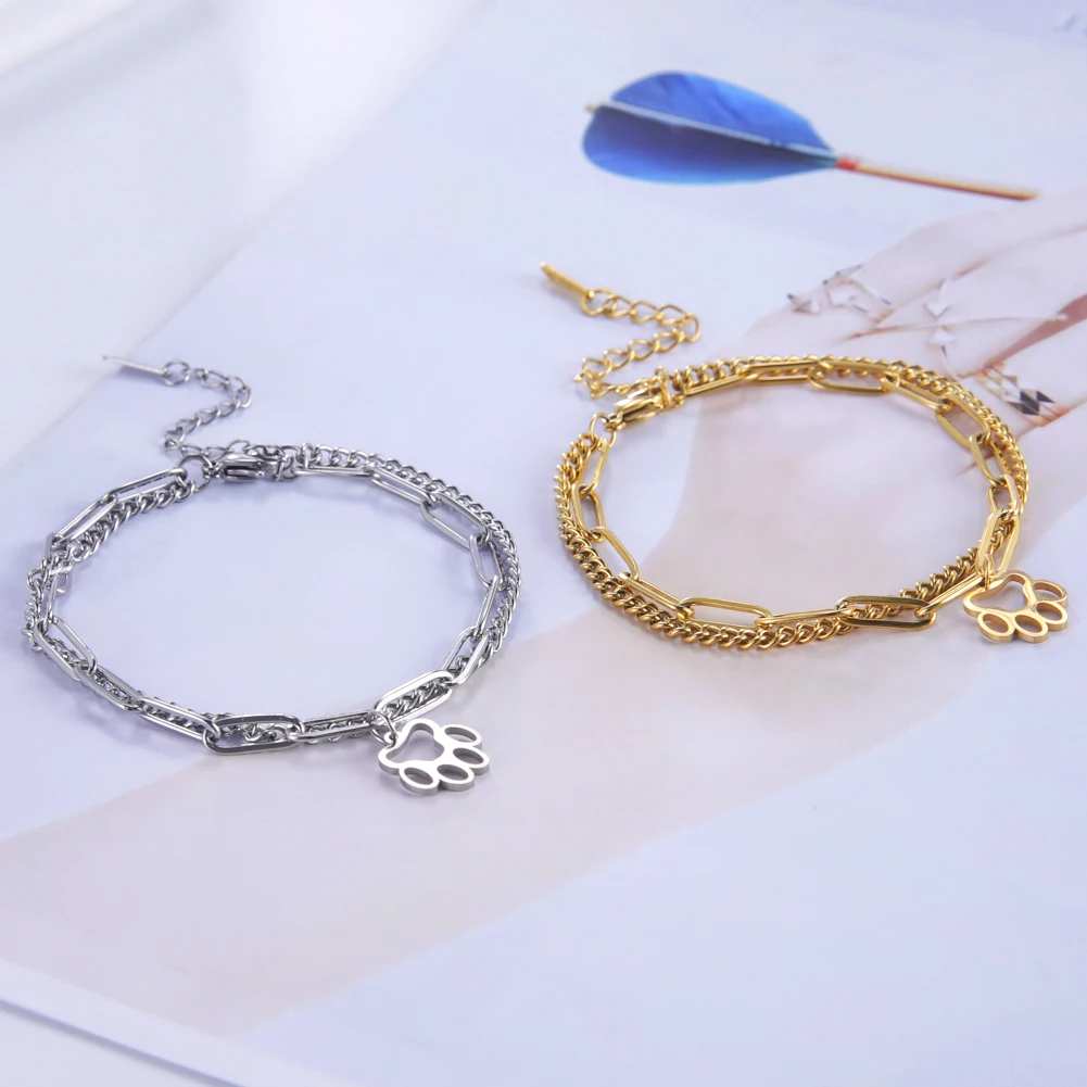 Cazador Cute Cat Paw Pendant Bracelet Bangles Double Layer Stainless Steel Bracelet Jewelry For Women Girls Gifts High Quality