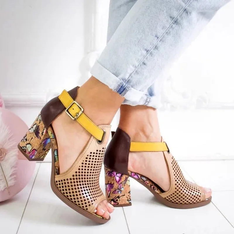 

Women's Sandals Female High Heels Zapatos De Mujer 2021 Peep Toe Summer Ladies Shoes PU Buckle Cover Heel Hollow Out Breathable