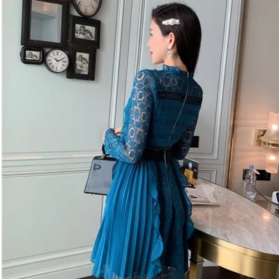 

aristocratic temperament long sleeve lace stitching hollow out black fungus and cultivate morality show thin dress