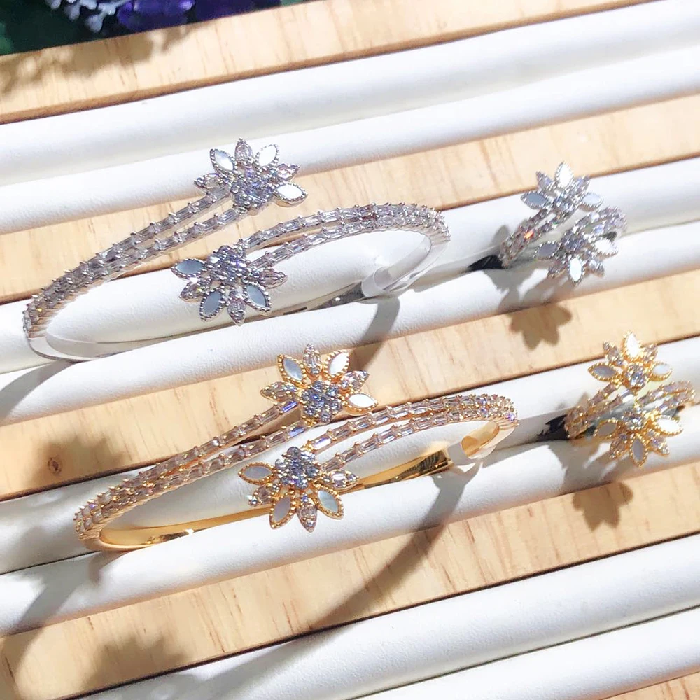 GODKI хип-хоп цветы 2 браслет с несколькими рядами набор колец украшений для женщин