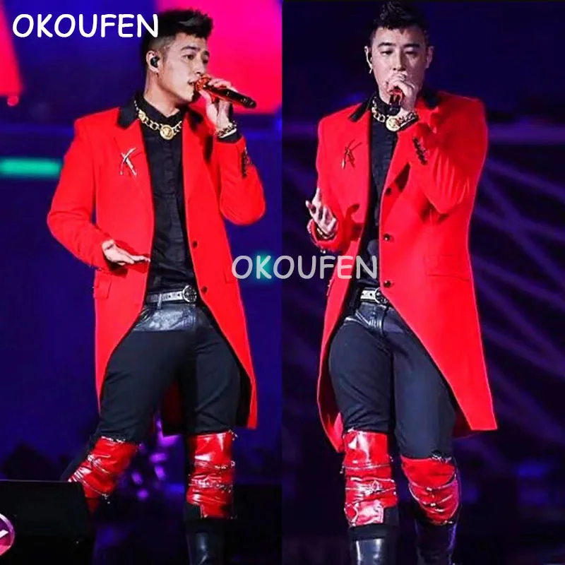 Новый модный мужской длинный Асимметричный костюм в Звездном стиле куртка для