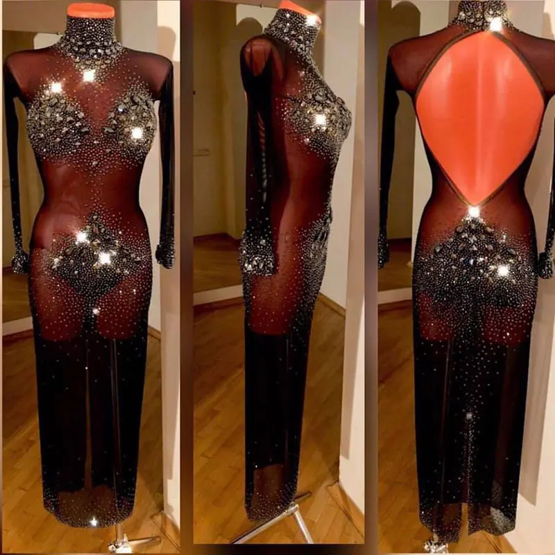 

Black rhinestone Latin dance dress long sleeve sexy see through Club Party Dancer Singer Entertainer Dress for women