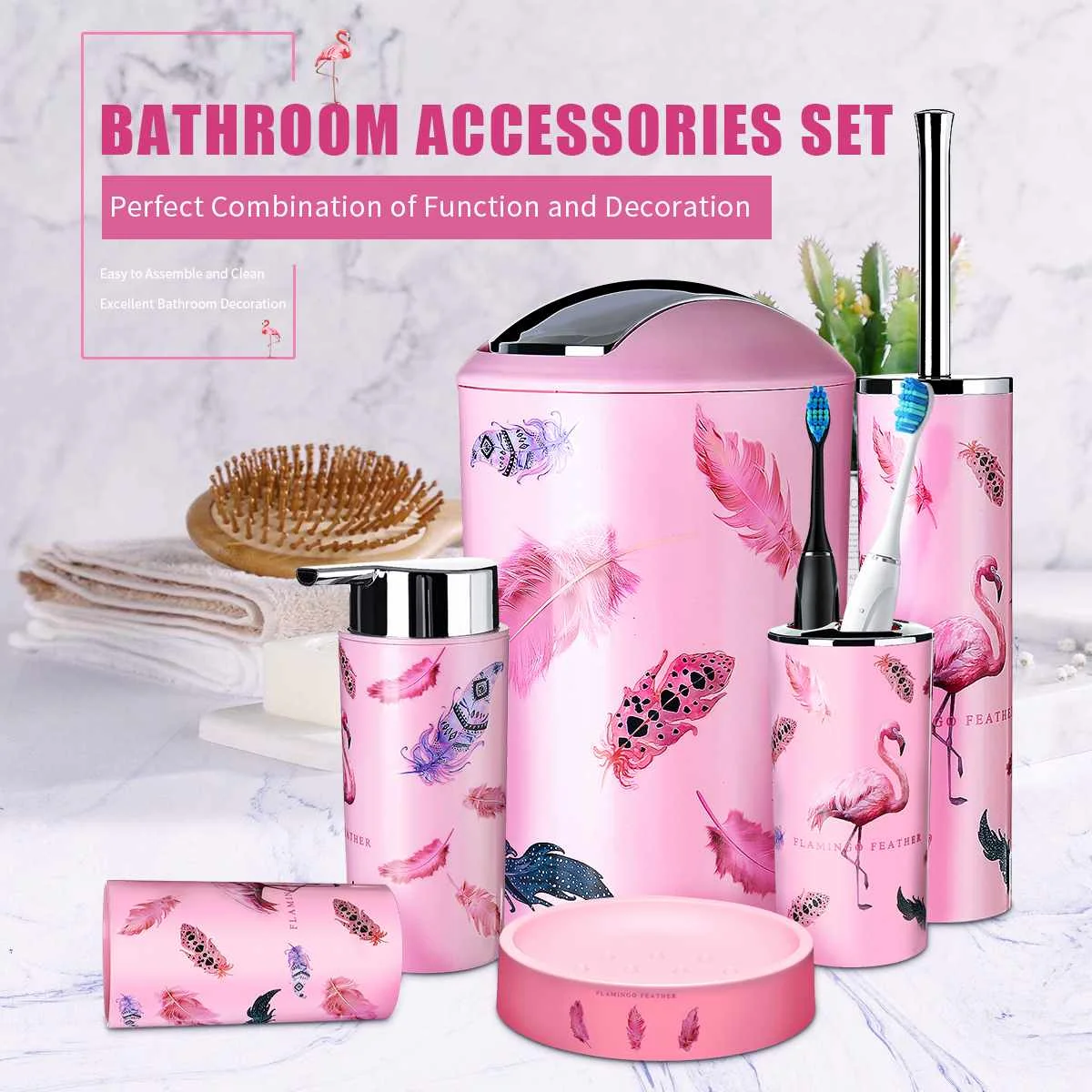 

6PCS Bathroom Accessroies Set Lotion Dispenser Soap Dish Dustbin Washing Tumbler Toilet Brush Toothbrush Cup Storage Tools Pink