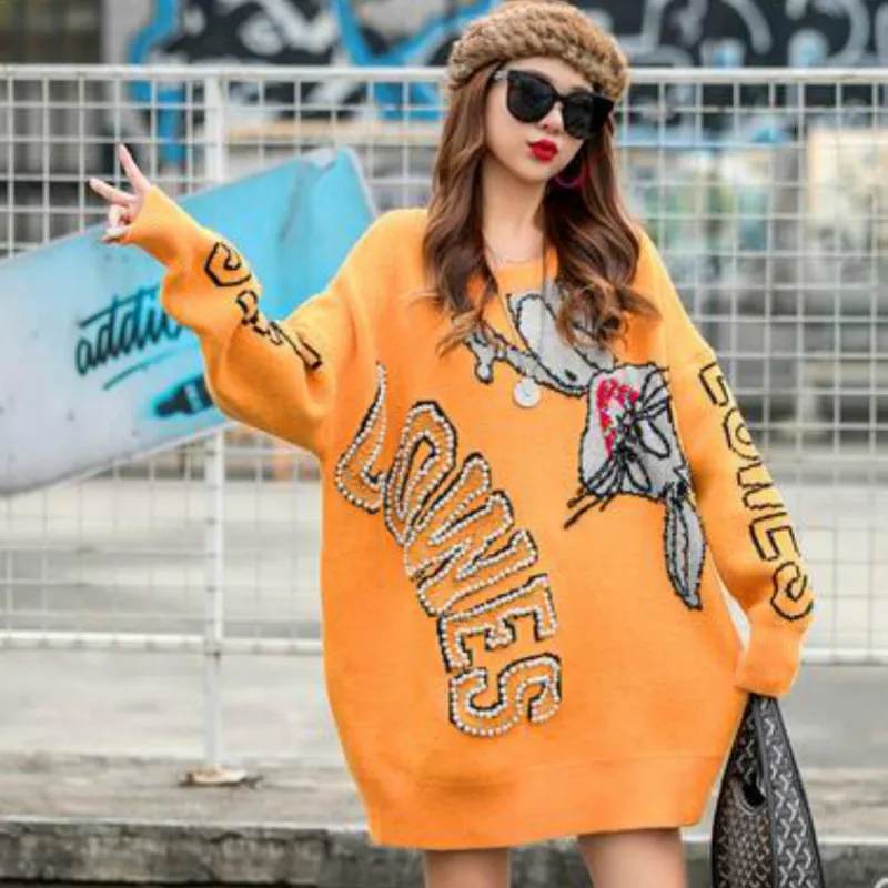 

Autumn and Winter Tide Brand Letter Beaded Sweater Sweater Female Large Round Neck Knitted Wear Casual Long-sleeved Sweater Top