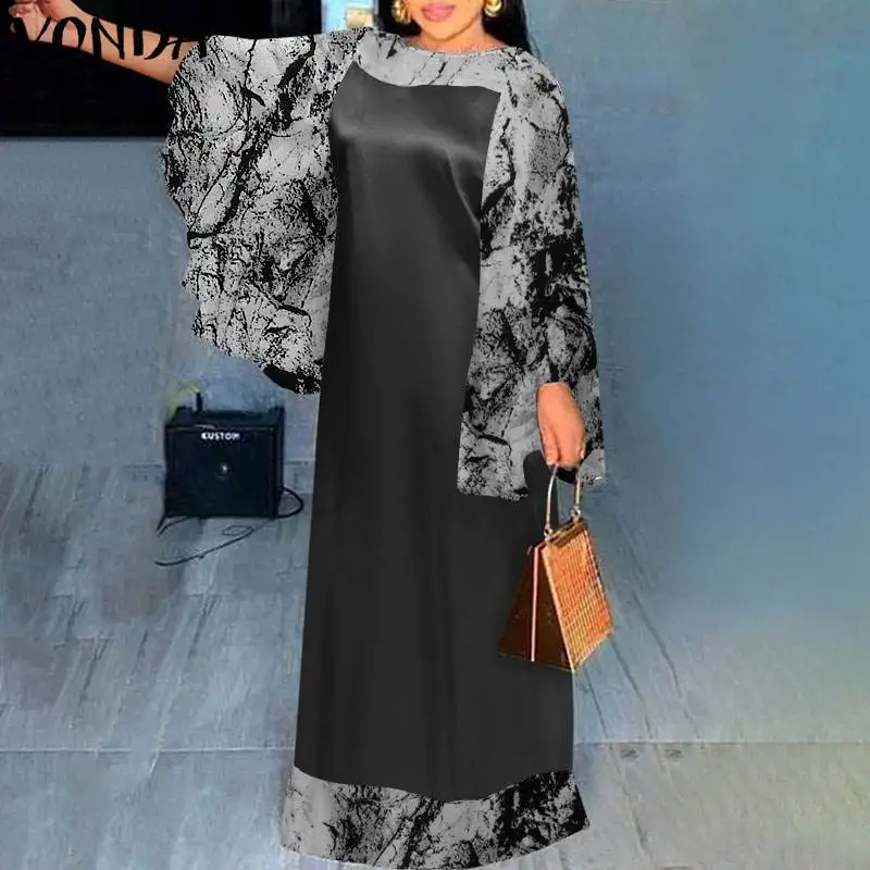 

Elegant Women Flare Sleeve Printed Long Maxi Dress VONDA 2021 Vintage O Neck Pleated Vestido Robes Longue Casual Robe Femme