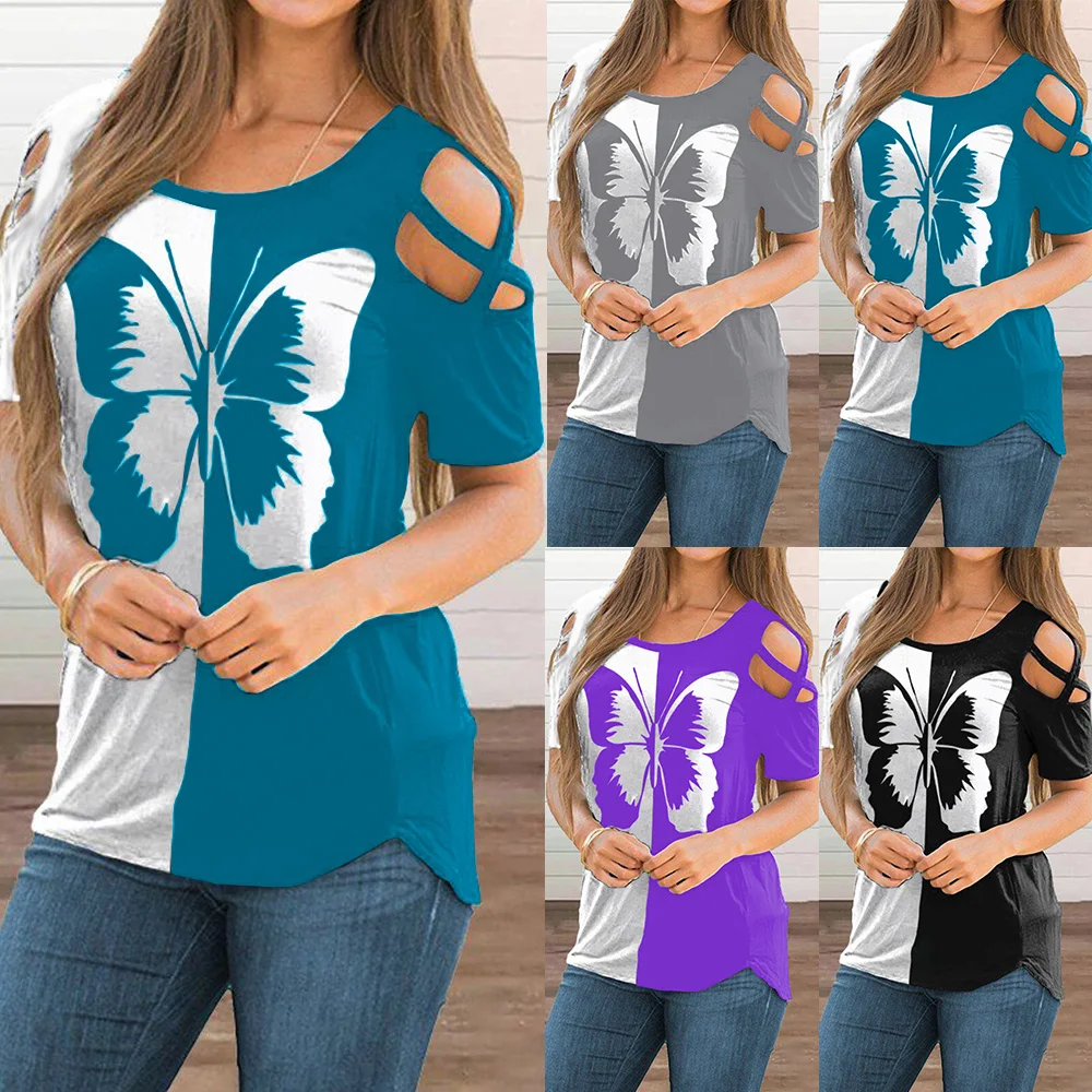 Блузка женская с круглым вырезом топ бабочками Повседневная рубашка вырезами