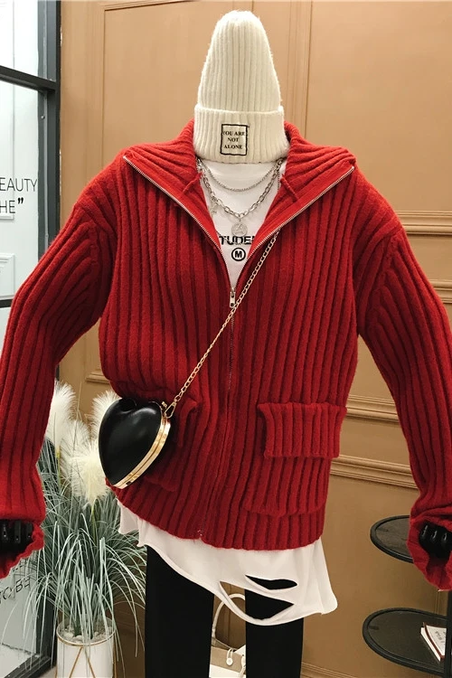 

Turtleneck Sweater Loose Casual Solid Color Pocket Zipper Cardigan Knitted Sweaters 2021 Spring Clothing for Women