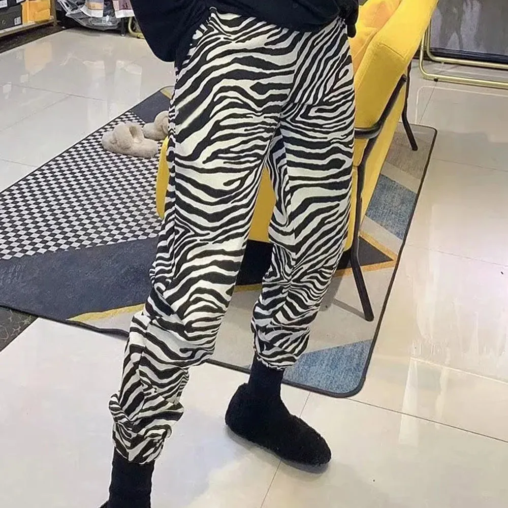 

Spring Summer 2021 Women Pants Cargo Zebra Pattern Stretchy High Waist Pants Loose Trousers Casual Joggers Female Streetwear