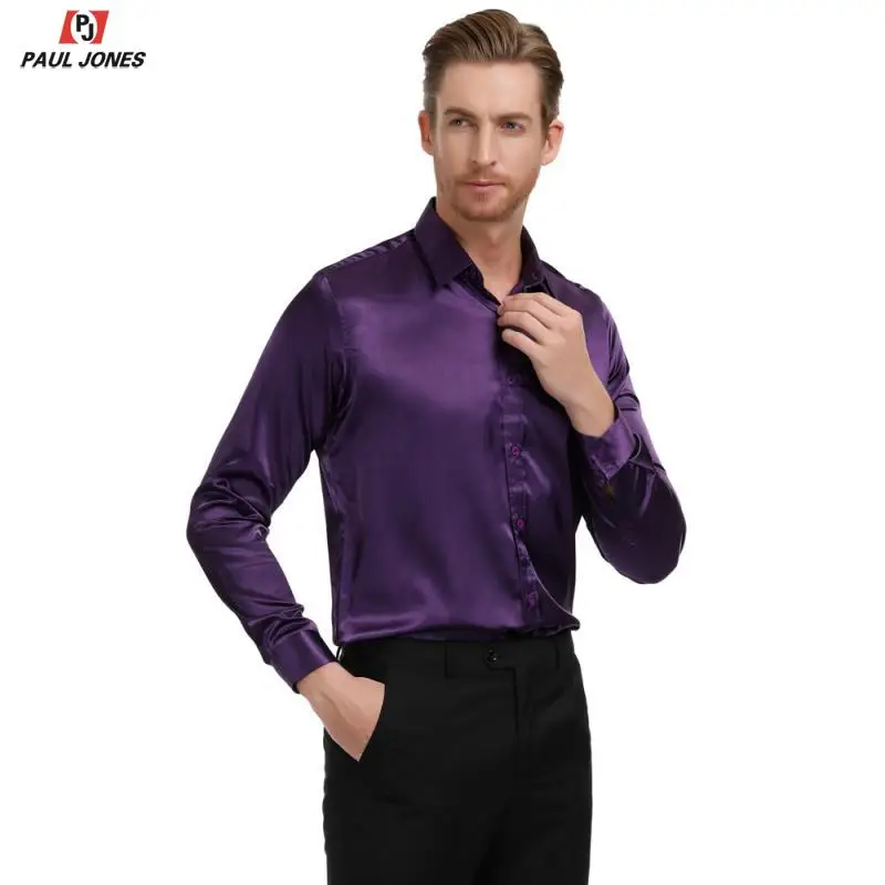 Мужская приталенная атласная рубашка PAUL JONES Однотонная с длинным рукавом