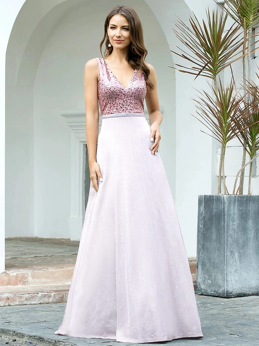 

Gorgeous Prom Dress Double V Neck A-Line Sequin Patchwork Sleeveless Backless Ever Pretty 2022 Evening Dresses Vestidos De Gala