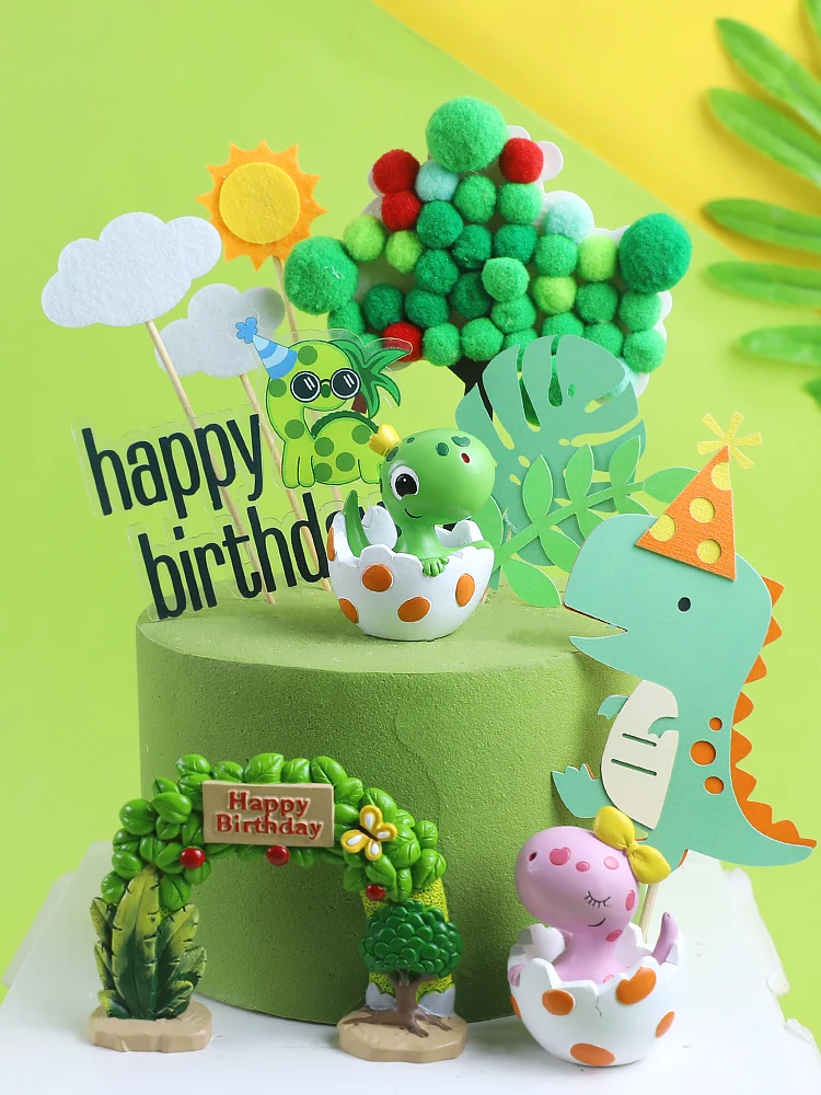 Dinosaur Decoration Toys Birthday Cake Topper Supplies Plug-in Cartoon Broken Shell Green Leaf Fur Ball Wishing Tree Printing