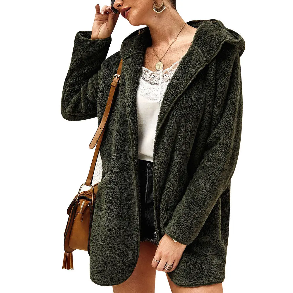 Женская осенне зимняя куртка с капюшоном пальто длинным рукавом и отворотом