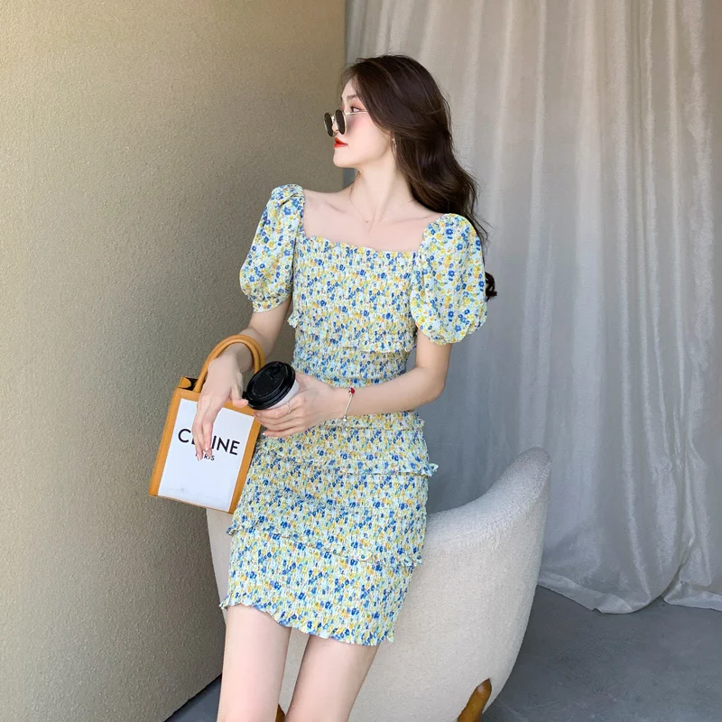 

2021 Summer New French Floral Skirt Heavy Industry Pleated Short Sleeves Dress for Women Jum