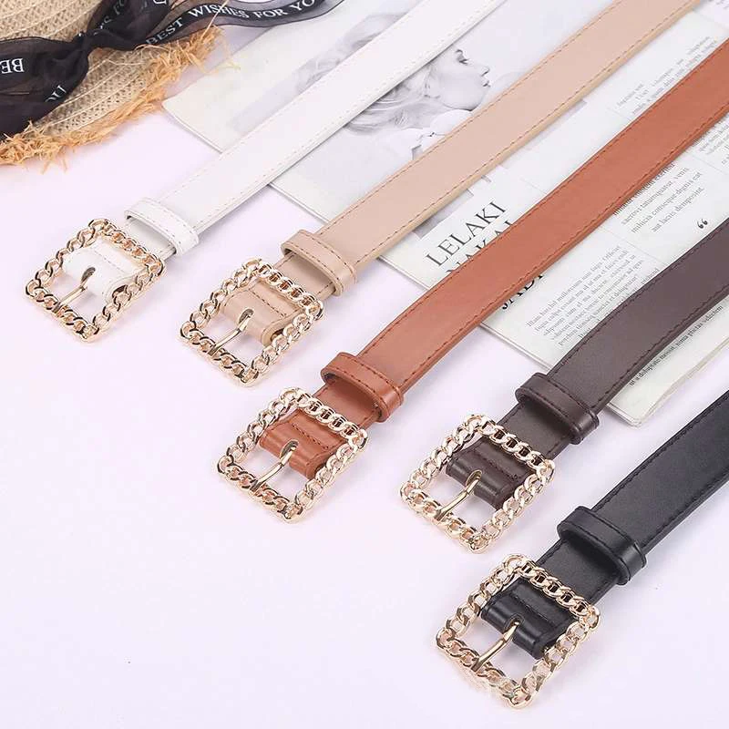 

Square twist Gold buckle women belt fashion youth dress PUleather simple belts female decoration pure color all-match