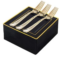 black plastic plate with gold forkssquare disposable dessertsalad platescake plates forks set silverware for party wedding
