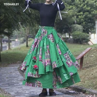 tiyihailey free shipping 2021 new long maxi a line elastic waist women cotton linen print flower s 2xl irregular green skirts