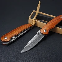 mini pocket folding knife damascus steel blade hunting knives sandalwood handle outdoor camping survival edc tool