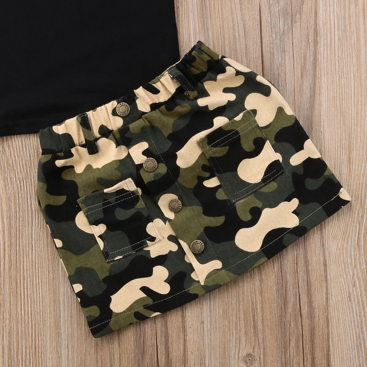 

2PCS Short Sleeve T-shirt + Elastic Waist Botton Camouflage Skirt with Pockets Baby Girls Cotton Summer Outfit for 6M-4Y Toddler
