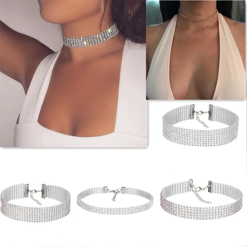 AOMU модные 3/5/8 строк с цельными круглыми кристаллами Стразы многослойное ожерелье белого цвета с блестками многослойное украшение на шею в колье для женщин Свадебные украшения