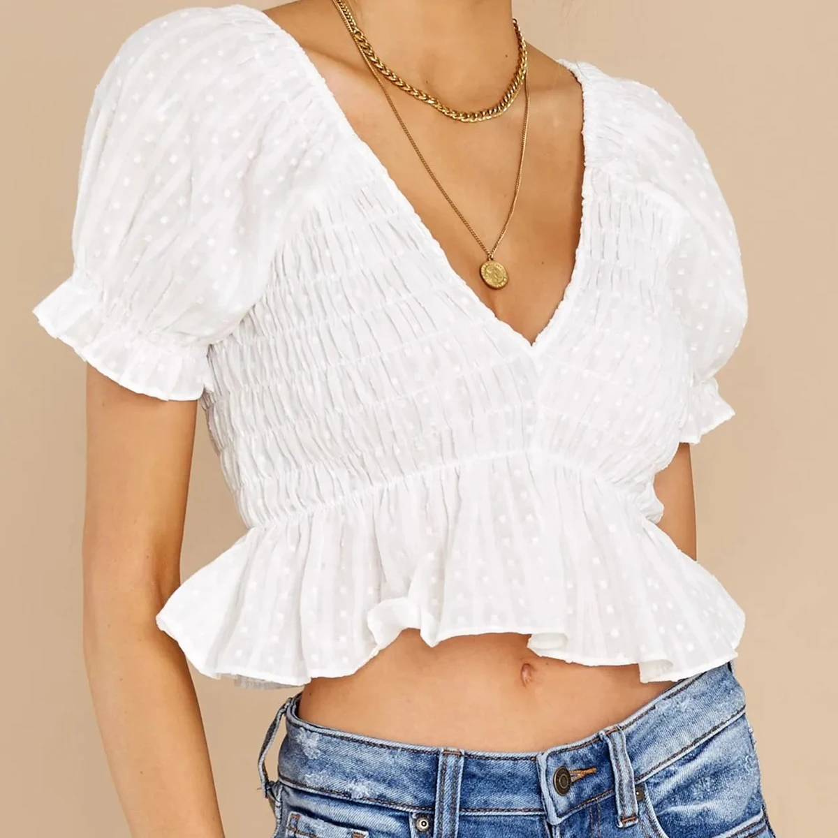 

Basics V Neck Polyester Short Sleeve Crop Length Blouses DLSY236