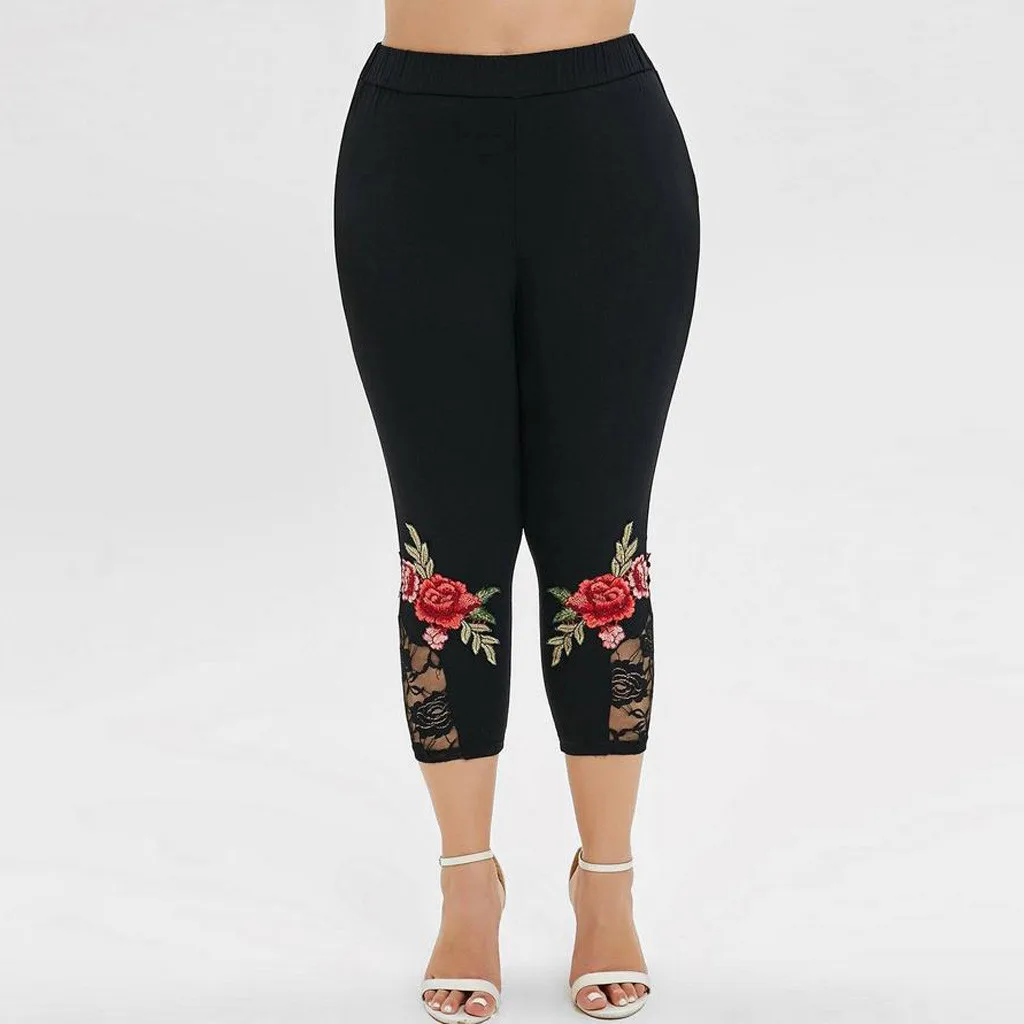 JAYCOSIN Fashion Women Plus Size L-4XL Applique Lace Splice Solid Elastic Casual Leggings Pants Large Female 7 Points | Женская одежда