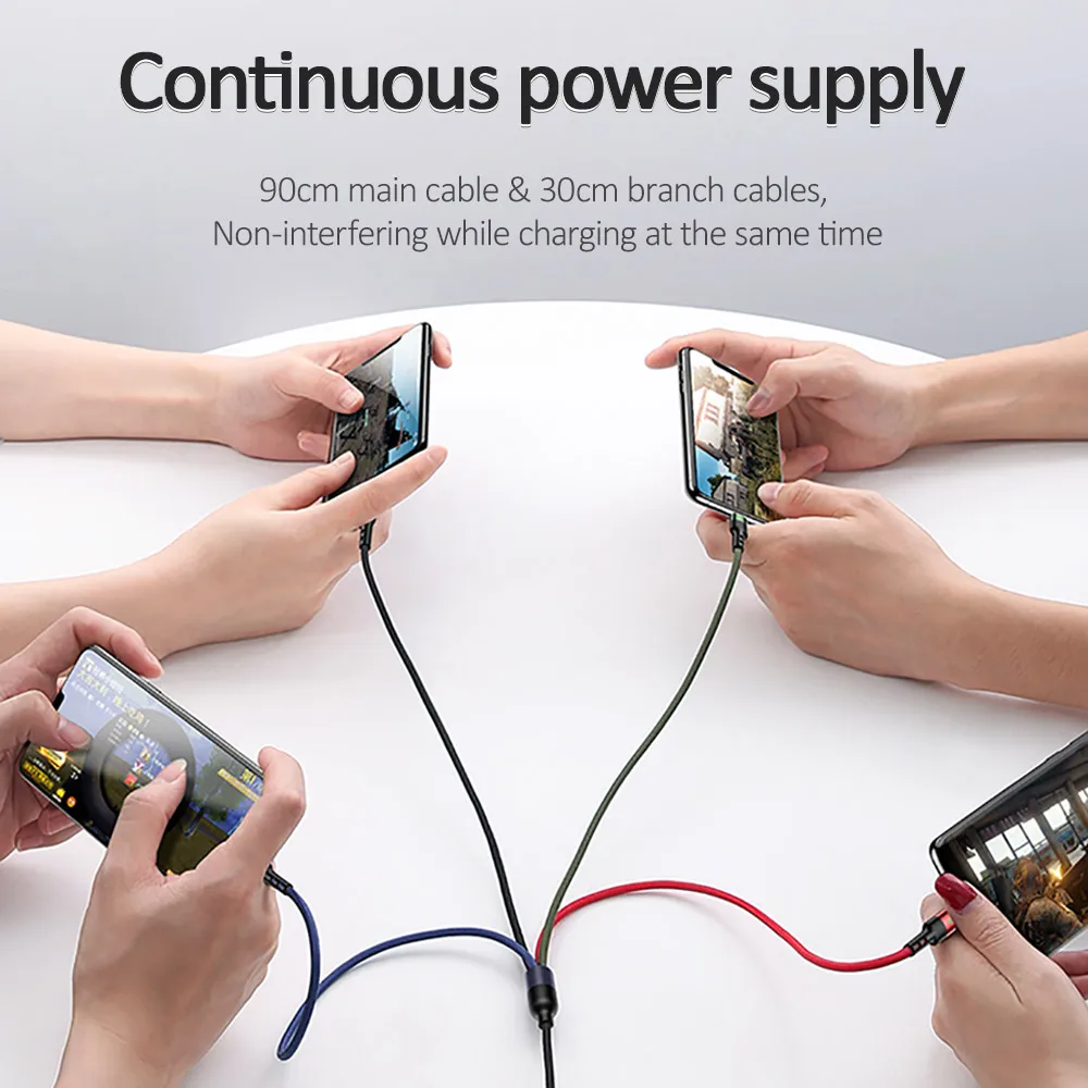 USAMS 3A 4 In 1 Charging Data Cable For iPhone 14 13 12 11 X  8 Micro USB Type C Lighting 3 In 1 Cable For Samsung Huawei Xiaomi
