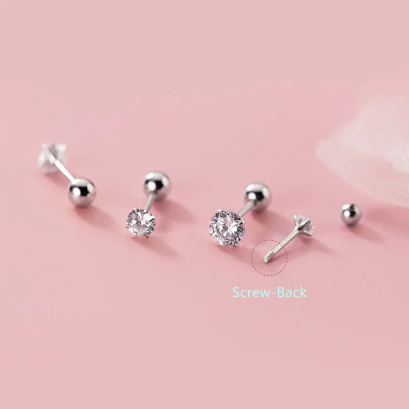 

925 Sterling Silver 2.5-5mm Simple Round Zirconia Screw-Back Beads Stud Earrings For Female Fashion Ear Jewelry
