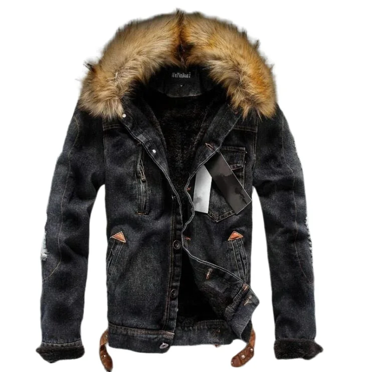 Men Winter Warm Jacket Denim Coat Hooded Warm Denim Parkas Male Overcoat Washed Hooded Fur Collar Winter Warm Jean Outwear