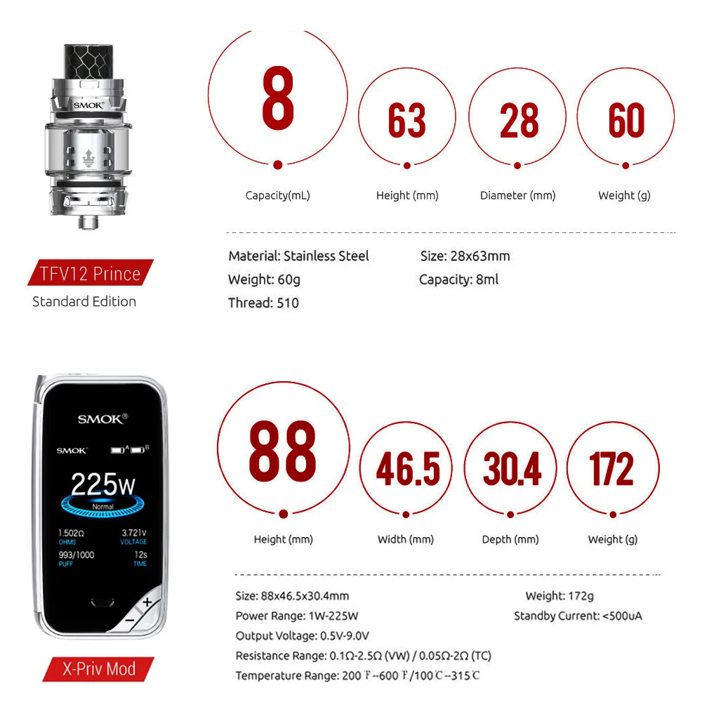 Оригинальный SMOK X-PRIV KIT 225W X Priv Mod Полный экран 8 мл TFV12 Prince Tank электронная сигарета
