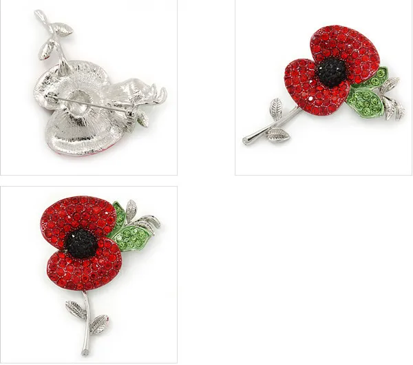 

Silver Tone Red Emamel and Diamante Crystal Rhinestone Poppy Flower Brooch Pins