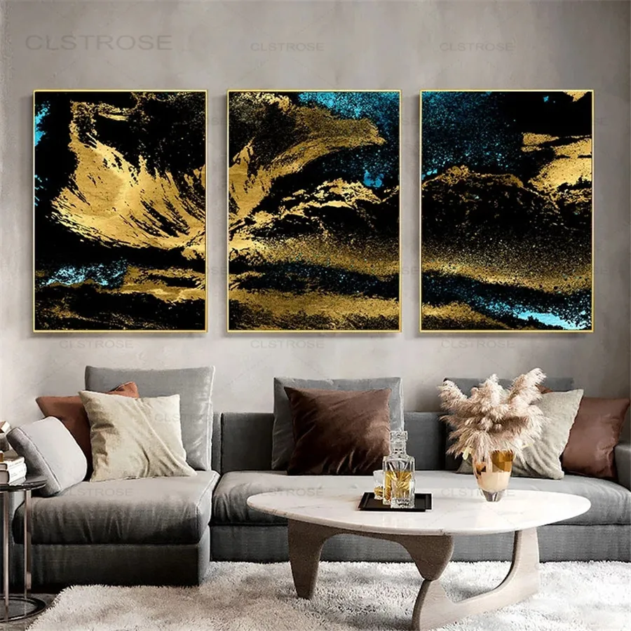 

Golden Color Black Abstract Artwork Painting Canvas Print Nordic Style Poster Modern Art Wall Picture Living Room Decoration