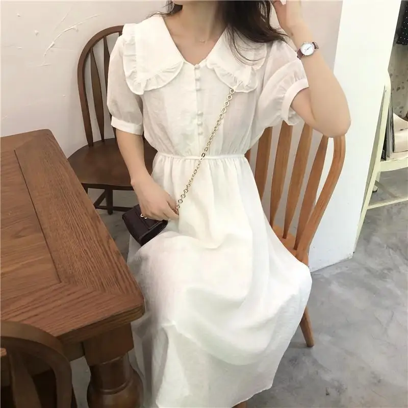 

Japanese Sweet Midi Dress Women Summer Peter Pan Collar Chiffon Kawaii Dress 2021 Summer Korean One-piece Dress Casual Party New