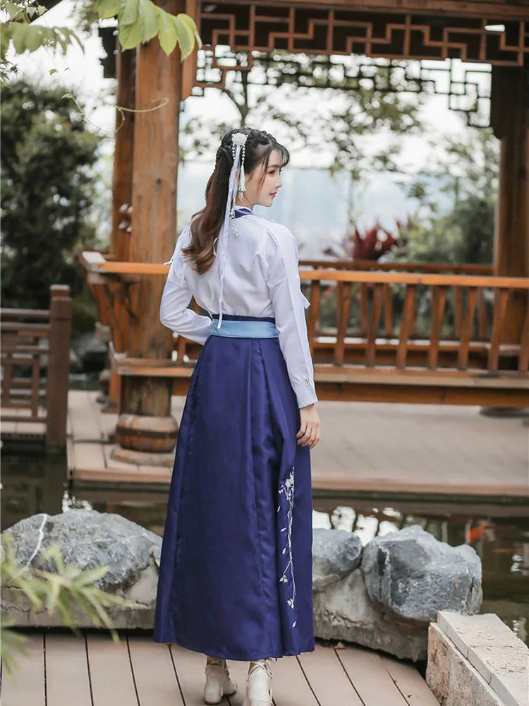 Женский Улучшенный костюм Hanfu с синей юбкой традиционный Hanbok современный для