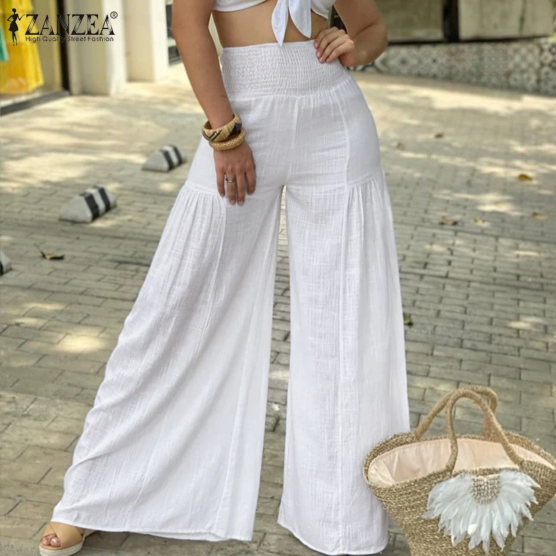 

Lady Holiday Maxi Pantalon ZANZEA Fashion Wide Leg Pants Womens Summer Solid Long Pant 2022 Stylish Pleated Cotton Linen Trouser