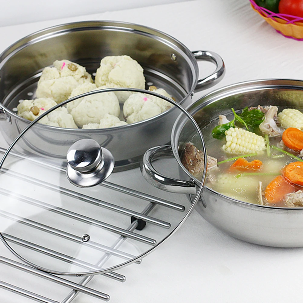 

1Pc 28cm Multifunctional Steam Pot Double Layers Stockpot Stainless Steel Steamer Cooking Boiler Silver